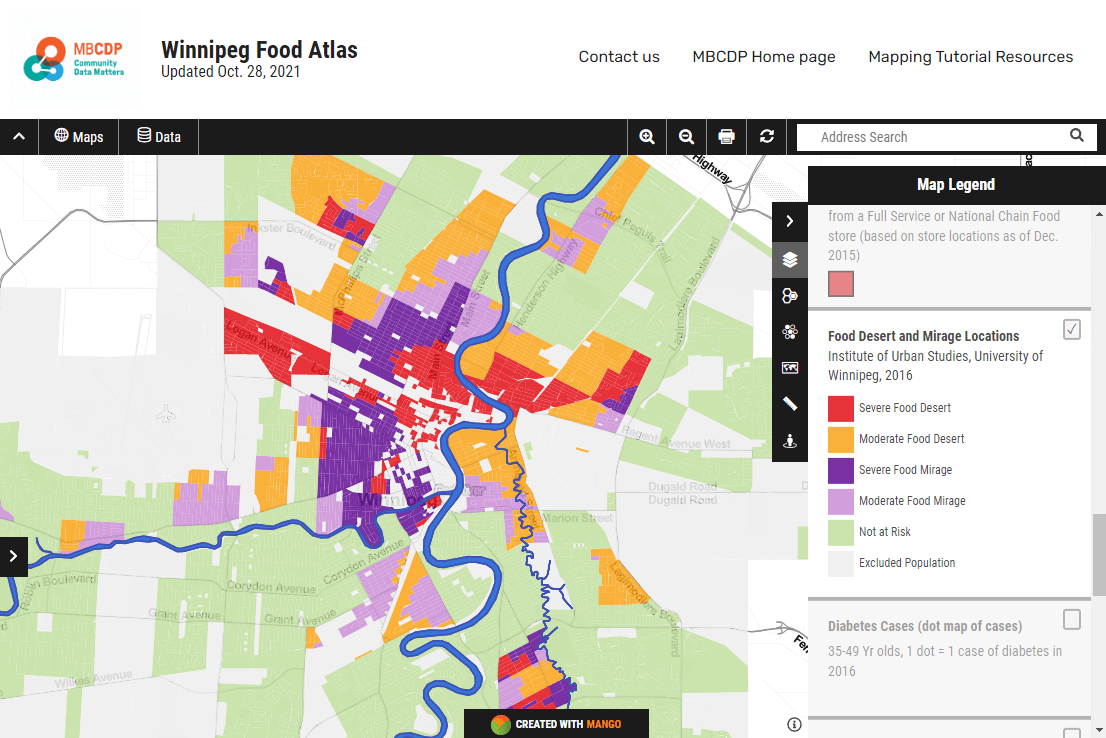 Food deserts across Winnipeg, shaded in red