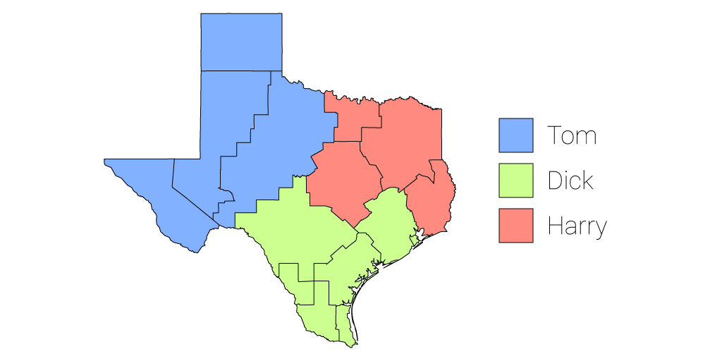 A category map of sales territories, coloured by dealer