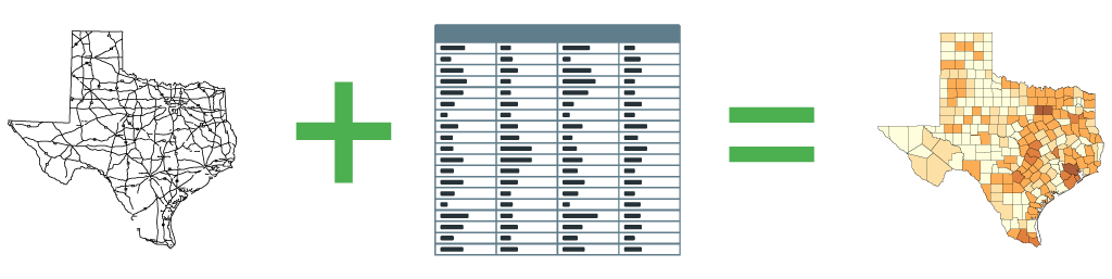 A table of rows and columns shown next to the map it produces, with each row appearing as a shape or marker on the map.