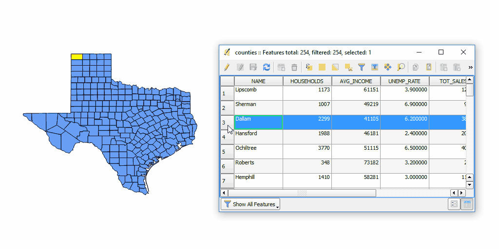 Selecting features by clicking the table